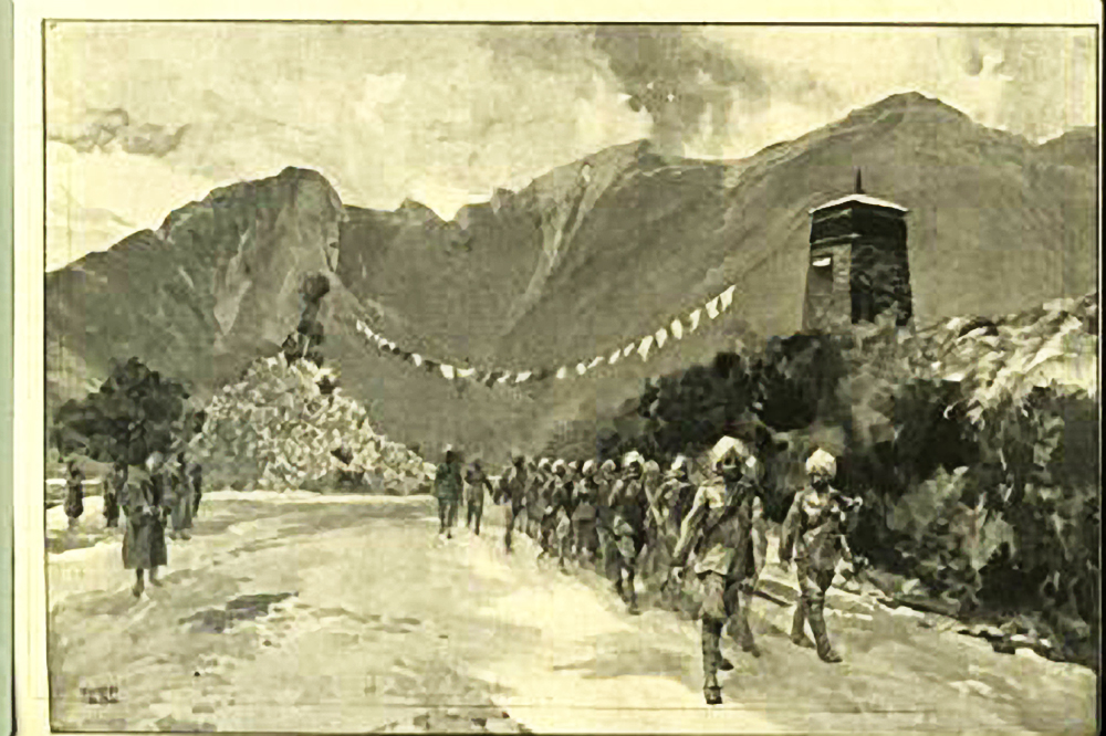 Sketches from old history books, showing Younghusband's Tibet campaign in 1904