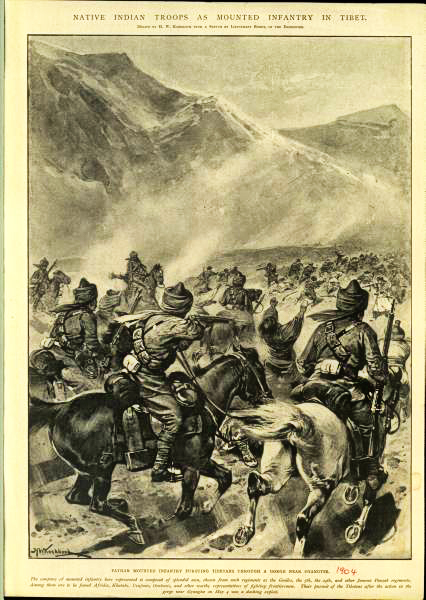 Sketches from old history books, showing Younghusband's Tibet campaign in 1904