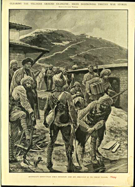 Sketches from old history books, showing Younghusband's Tibet campaign in 1904