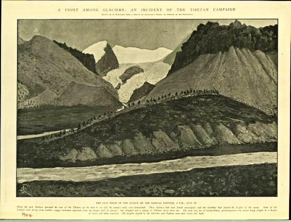 Sketches from old history books, showing Younghusband's Tibet campaign in 1904