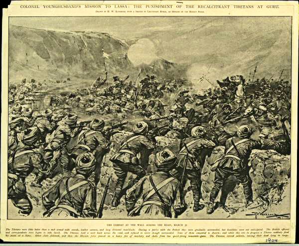 Sketches from old history books, showing Younghusband's Tibet campaign in 1904